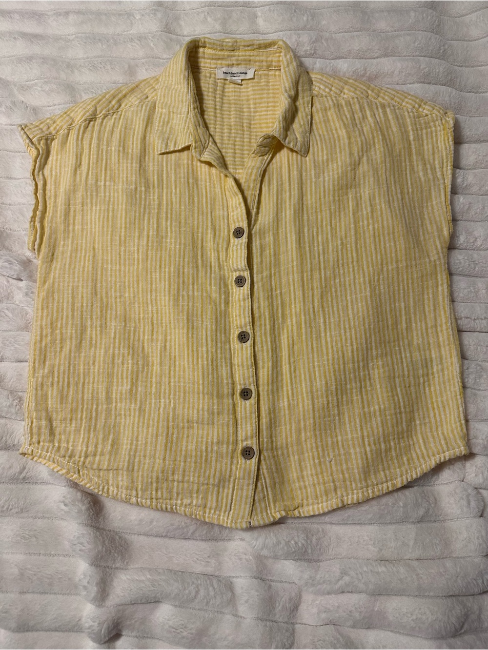 beachlunchlounge Yellow Striped Button-Down Cap Sleeve Shirt
